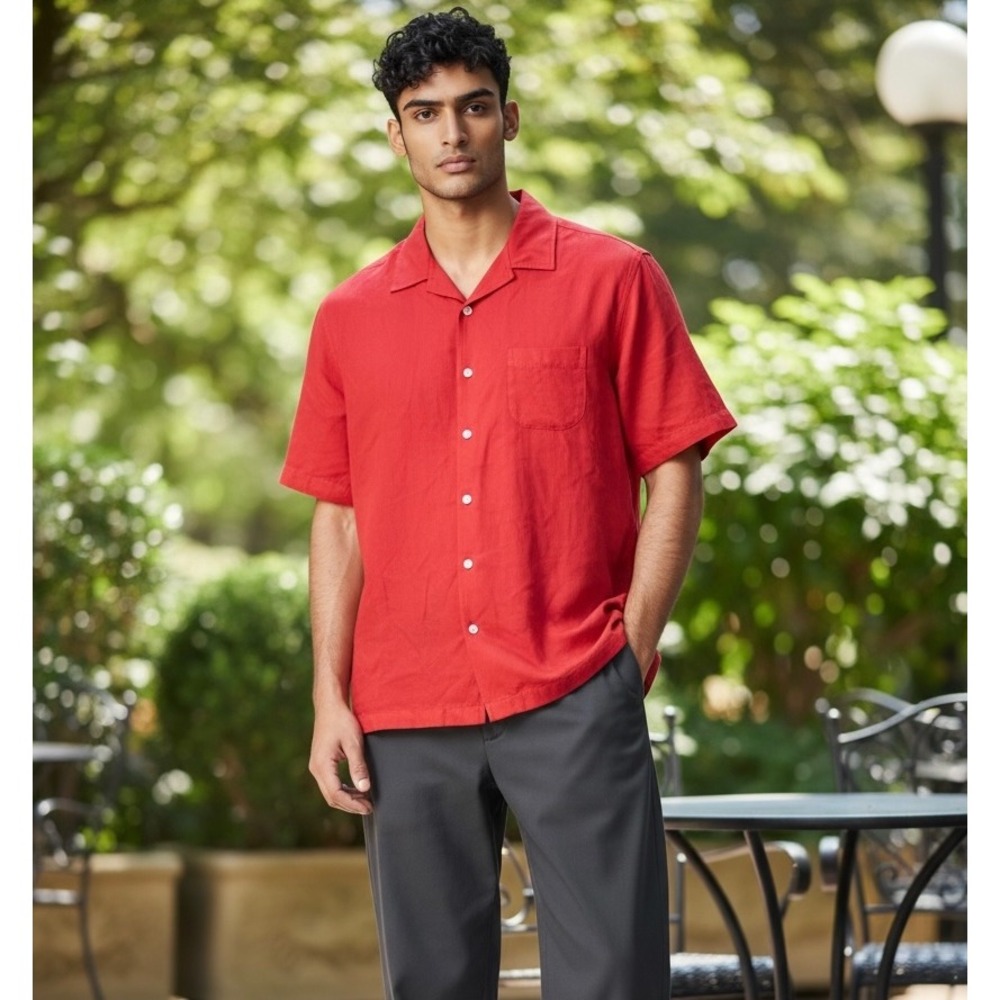 Cremieux‎ Classics Mens Red Silk Linen Blend Camp Collar Short Sleeve Shirt L